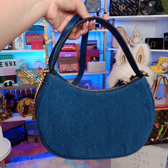 New Versace Denim Calfskin Quilted Medusa Half Moon Shoulder Bag Blue - Picture 4 of 11